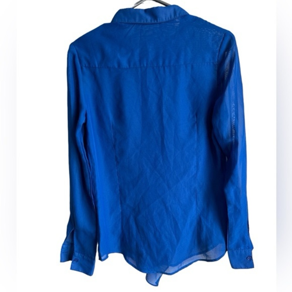 CHANTAL PARIS Royal Blue Small Sheer Ruffled Button Front Long Sleeve Shirt